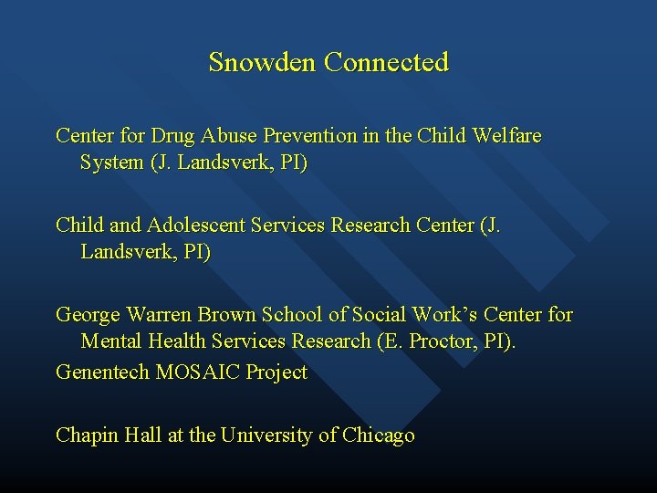 Snowden Connected Center for Drug Abuse Prevention in the Child Welfare System (J. Landsverk,