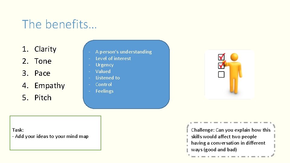 The benefits… 1. 2. 3. 4. 5. Clarity Tone Pace Empathy Pitch - Task: