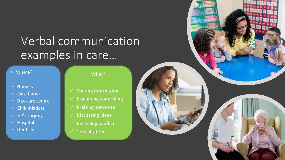 Verbal communication examples in care… • Where? • • Nursery Care home Day care