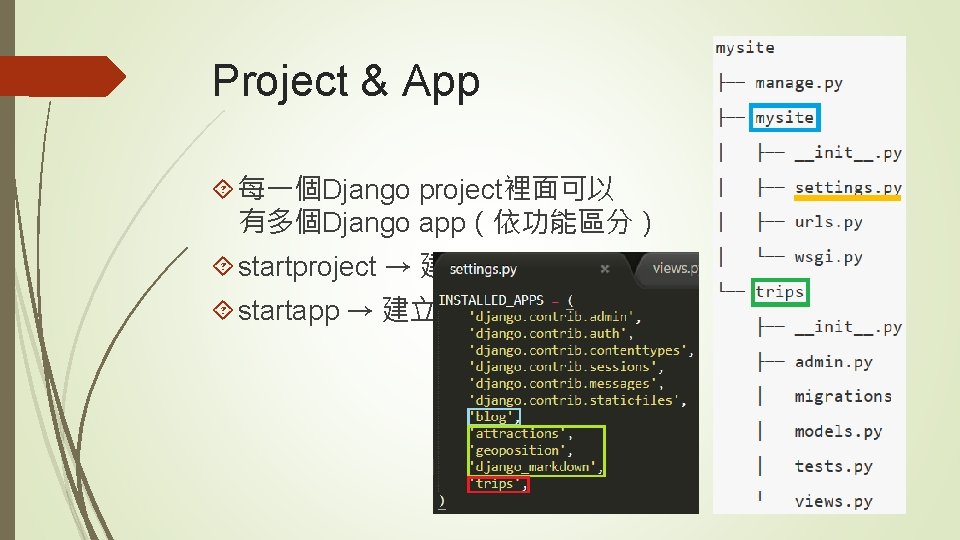 Project & App 每一個Django project裡面可以 有多個Django app（依功能區分） startproject → 建立project startapp → 建立app 