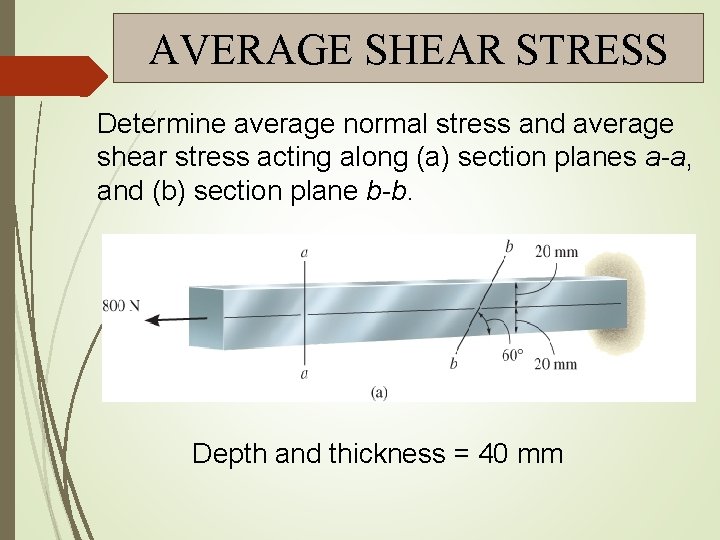 AVERAGE SHEAR STRESS Determine average normal stress and average shear stress acting along (a)