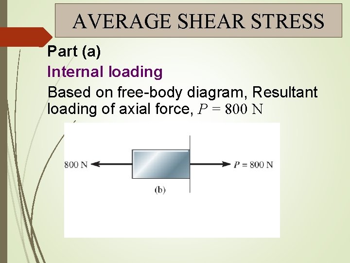 AVERAGE SHEAR STRESS Part (a) Internal loading Based on free-body diagram, Resultant loading of