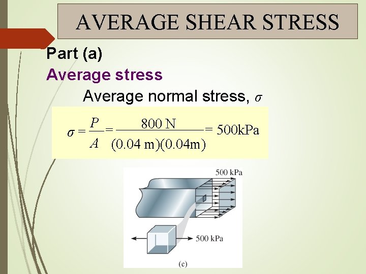 AVERAGE SHEAR STRESS Part (a) Average stress Average normal stress, σ P 800 N