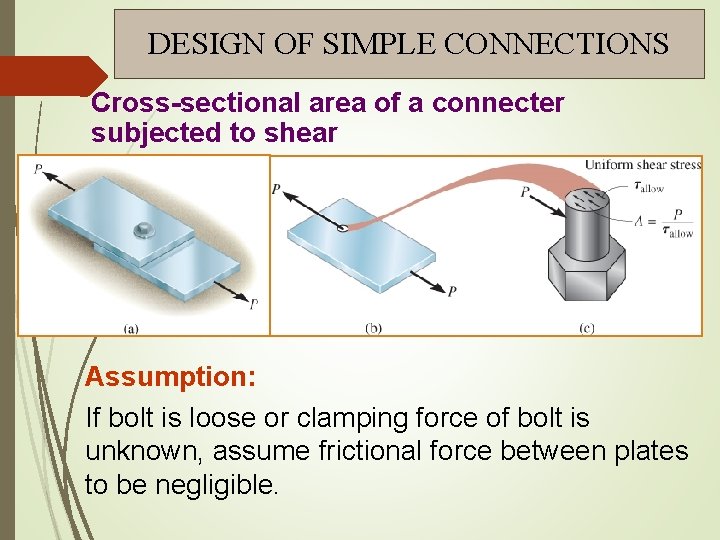 DESIGN OF SIMPLE CONNECTIONS Cross-sectional area of a connecter subjected to shear Assumption: If