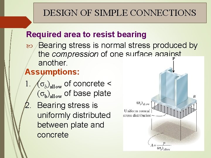 DESIGN OF SIMPLE CONNECTIONS Required area to resist bearing Bearing stress is normal stress