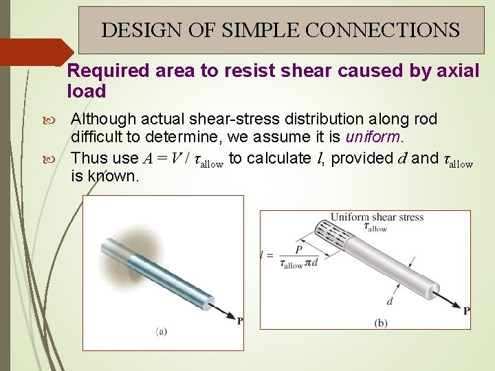 DESIGN OF SIMPLE CONNECTIONS Required area to resist shear caused by axial load Although