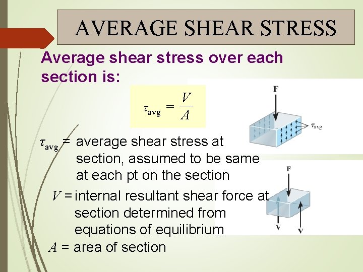 AVERAGE SHEAR STRESS Average shear stress over each section is: V avg = A