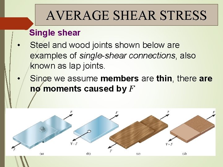 AVERAGE SHEAR STRESS • • Single shear Steel and wood joints shown below are