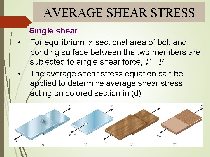 AVERAGE SHEAR STRESS • • Single shear For equilibrium, x-sectional area of bolt and