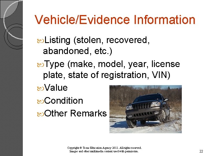 Vehicle/Evidence Information Listing (stolen, recovered, abandoned, etc. ) Type (make, model, year, license plate,