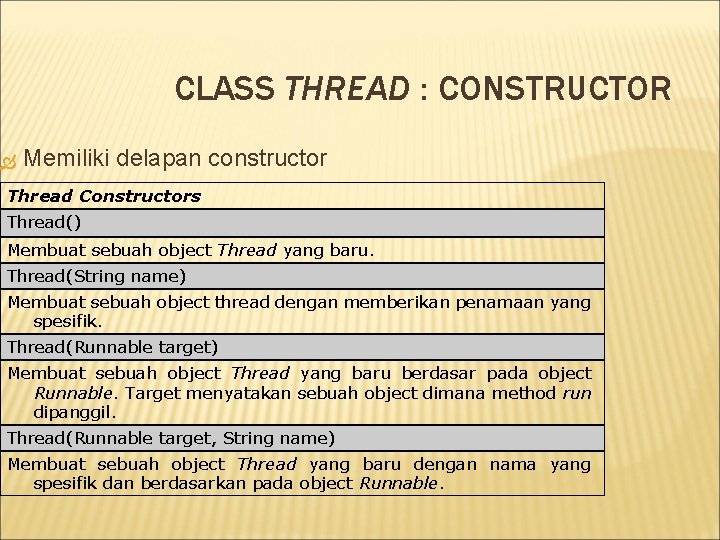 CLASS THREAD : CONSTRUCTOR Memiliki delapan constructor Thread Constructors Thread() Membuat sebuah object Thread