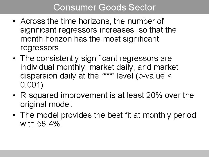 Consumer Goods Sector • Across the time horizons, the number of significant regressors increases,