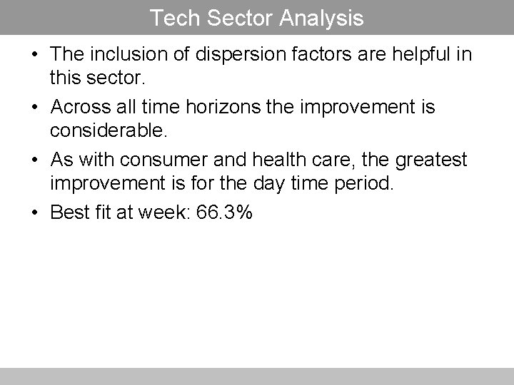 Tech Sector Analysis • The inclusion of dispersion factors are helpful in this sector.