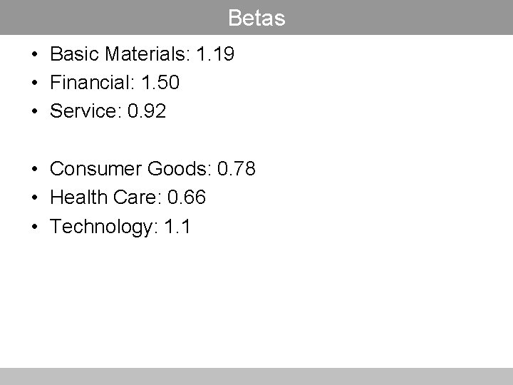 Betas • Basic Materials: 1. 19 • Financial: 1. 50 • Service: 0. 92