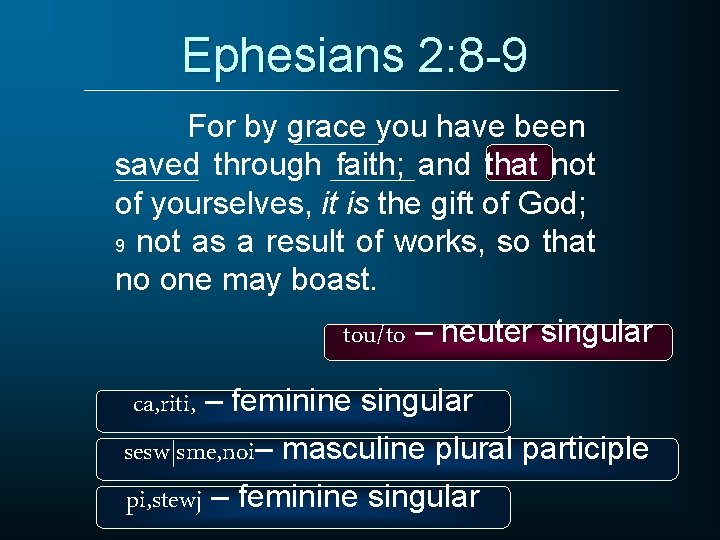 Ephesians 2: 8 -9 For by grace you have been saved through faith; and