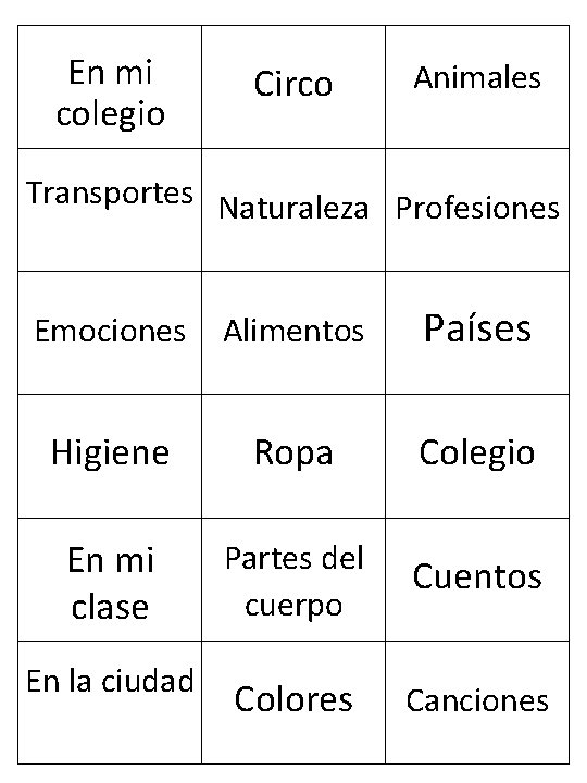 En mi colegio Circo Animales Transportes Naturaleza Profesiones Emociones Alimentos Países Higiene Ropa Colegio