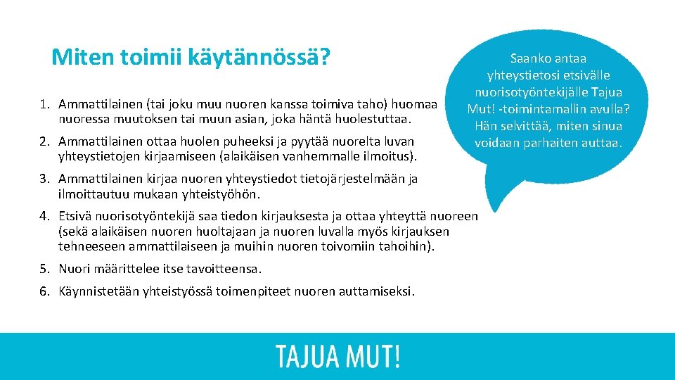 Miten toimii käytännössä? 1. Ammattilainen (tai joku muu nuoren kanssa toimiva taho) huomaa nuoressa