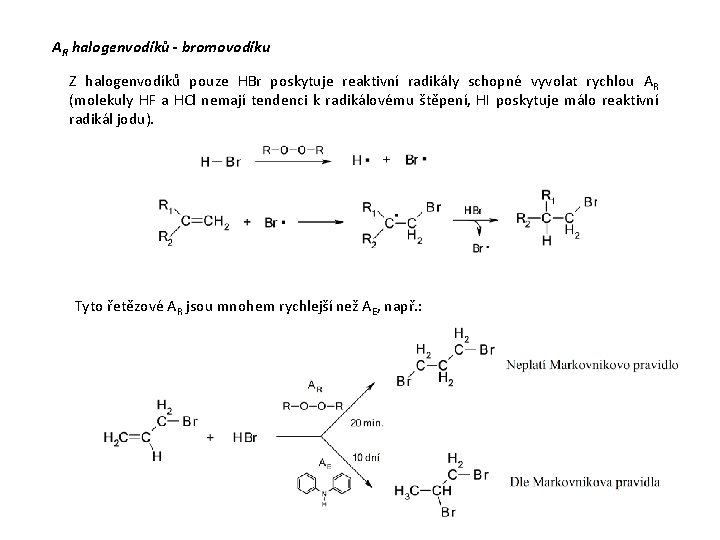 AR halogenvodíků - bromovodíku Z halogenvodíků pouze HBr poskytuje reaktivní radikály schopné vyvolat rychlou