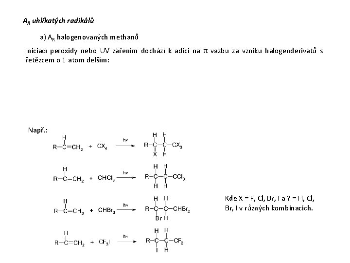 AR uhlíkatých radikálů a) AR halogenovaných methanů Iniciací peroxidy nebo UV zářením dochází k