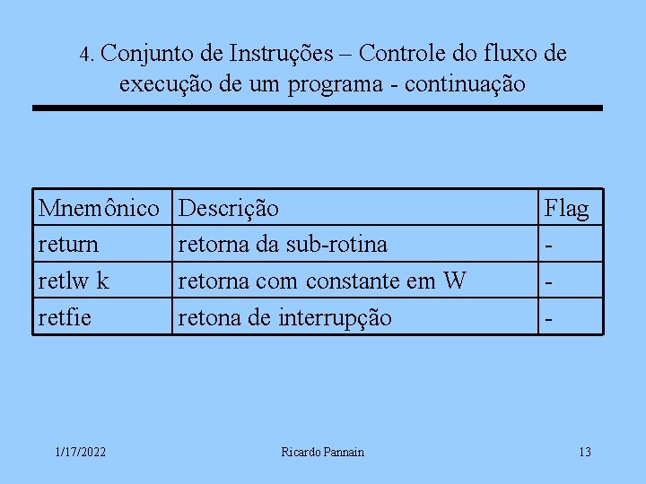 4. Conjunto de Instruções – Controle do fluxo de execução de um programa -