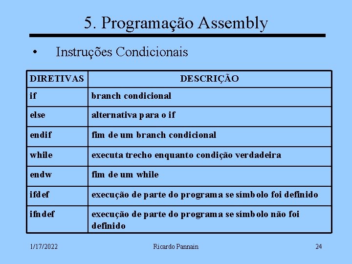 5. Programação Assembly • Instruções Condicionais DIRETIVAS DESCRIÇÃO if branch condicional else alternativa para