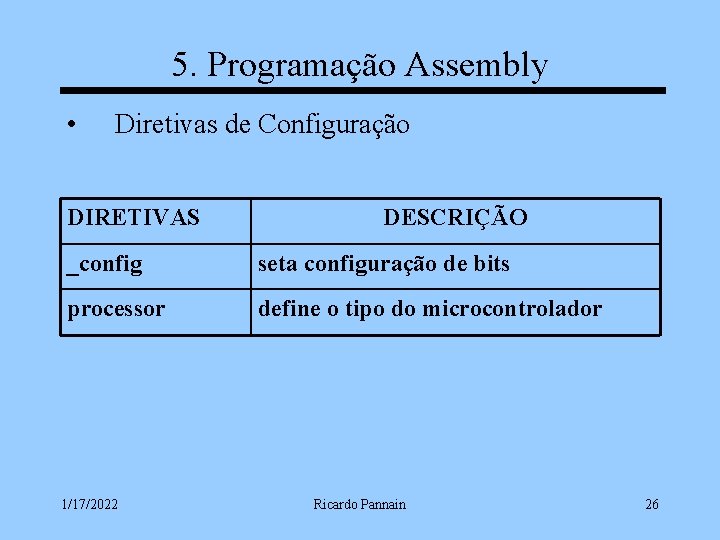 5. Programação Assembly • Diretivas de Configuração DIRETIVAS DESCRIÇÃO _config seta configuração de bits