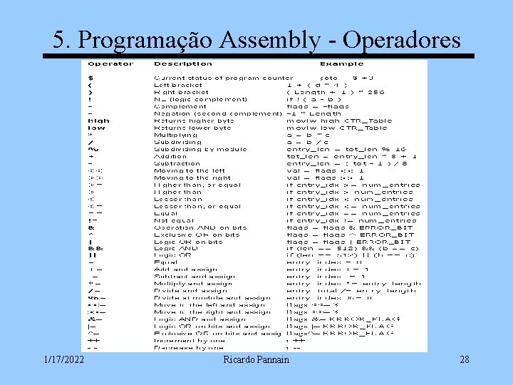 5. Programação Assembly - Operadores 1/17/2022 Ricardo Pannain 28 