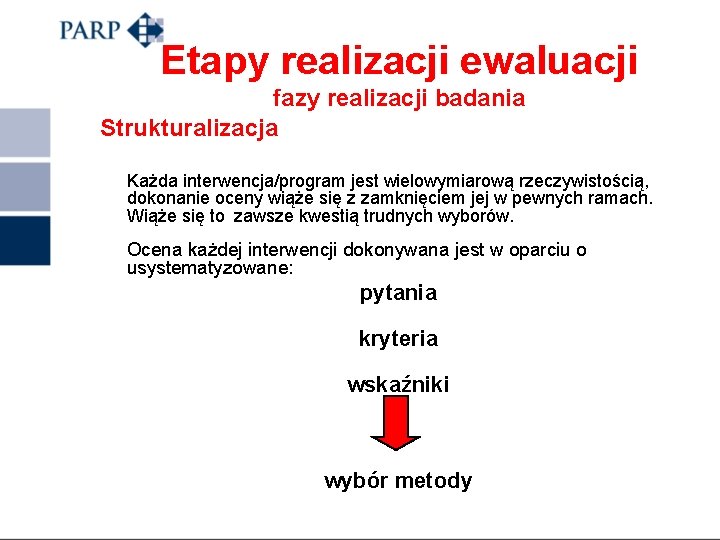 Etapy realizacji ewaluacji fazy realizacji badania Strukturalizacja Każda interwencja/program jest wielowymiarową rzeczywistością, dokonanie oceny