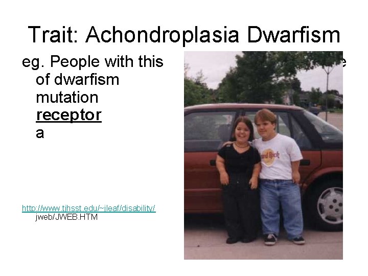 Trait: Achondroplasia Dwarfism eg. People with this of dwarfism mutation receptor a http: //www.