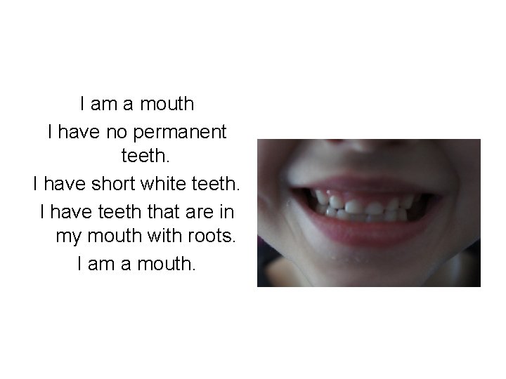 I am a mouth I have no permanent teeth. I have short white teeth.