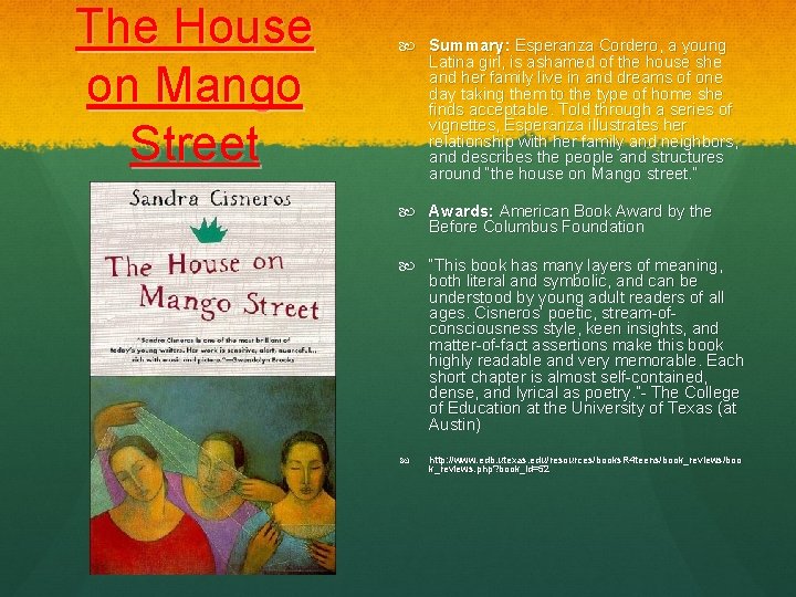The House on Mango Street Summary: Esperanza Cordero, a young Latina girl, is ashamed