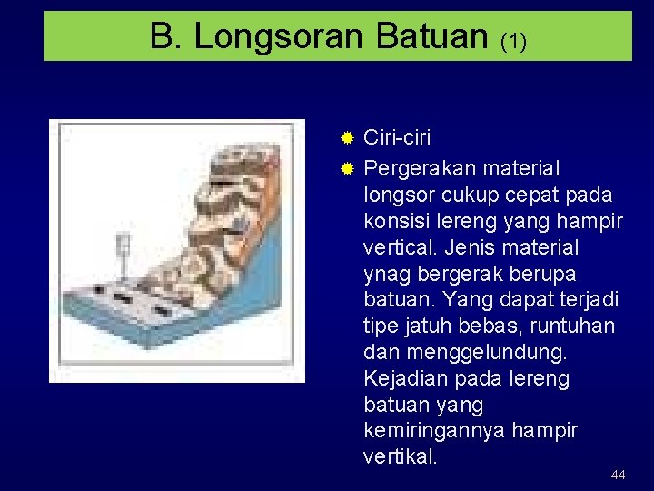B. Longsoran Batuan (1) Ciri-ciri ® Pergerakan material longsor cukup cepat pada konsisi lereng