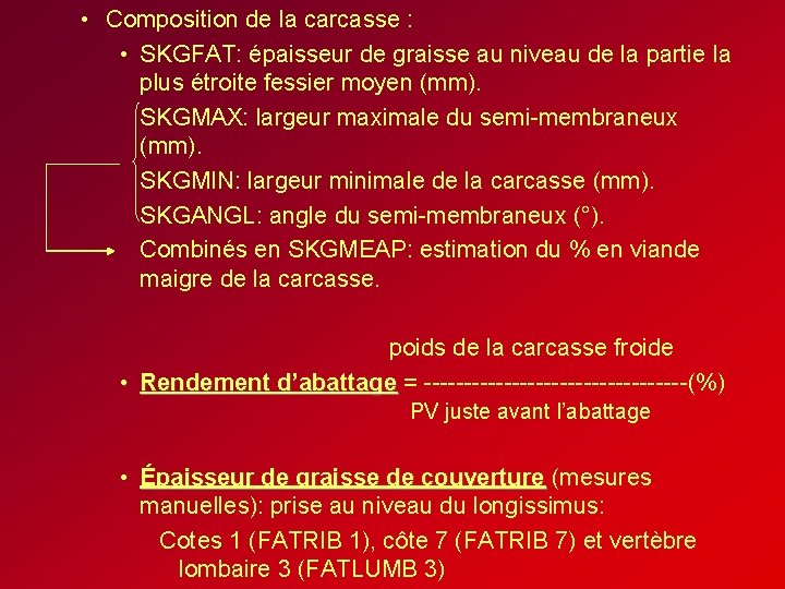 • Composition de la carcasse : • SKGFAT: épaisseur de graisse au niveau • Composition de la carcasse : • SKGFAT: épaisseur de graisse au niveau