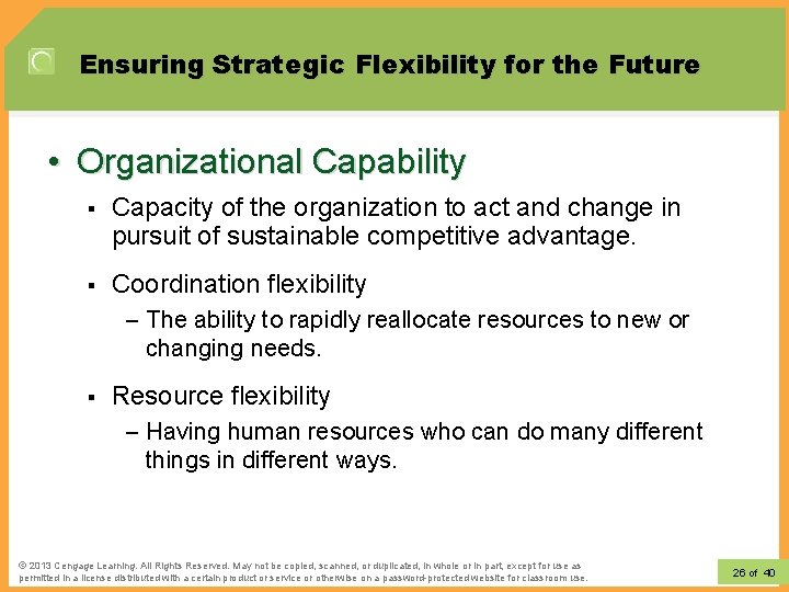 Ensuring Strategic Flexibility for the Future • Organizational Capability § Capacity of the organization