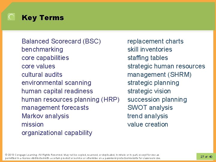 Key Terms Balanced Scorecard (BSC) benchmarking core capabilities core values cultural audits environmental scanning