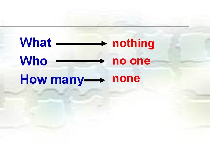 What Who How many nothing no one none 