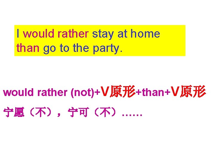 I would rather stay at home than go to the party. would rather (not)+V原形+than+V原形