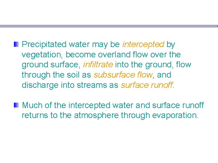 Precipitated water may be intercepted by vegetation, become overland flow over the ground surface,