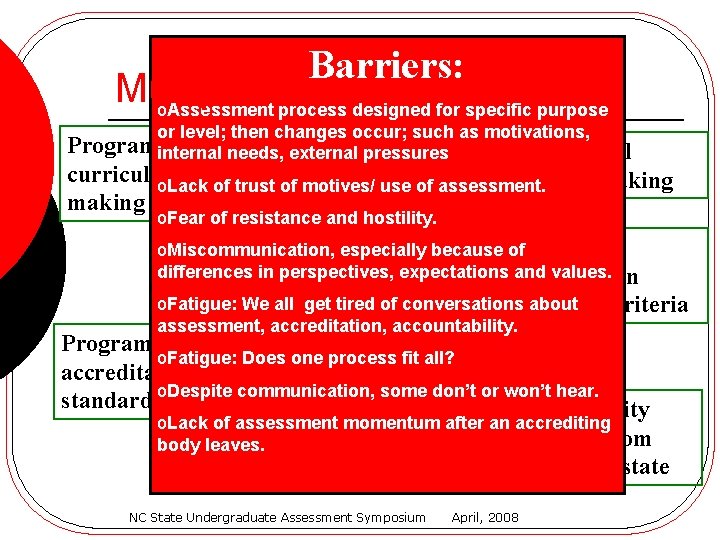 Barriers: Multiple Focuses o. Assessment process designed for specific purpose or level; then changes