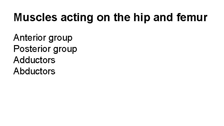 Muscles acting on the hip and femur Anterior group Posterior group Adductors Abductors 