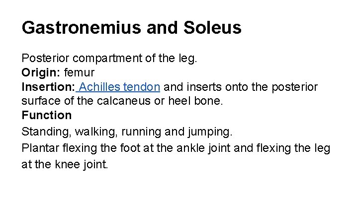Gastronemius and Soleus Posterior compartment of the leg. Origin: femur Insertion: Achilles tendon and
