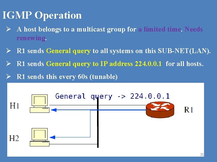 IGMP Operation Ø A host belongs to a multicast group for a limited time. IGMP Operation Ø A host belongs to a multicast group for a limited time.