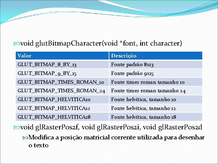  void glut. Bitmap. Character(void *font, int character) Valor Descrição GLUT_BITMAP_8_BY_13 Fonte padrão 8