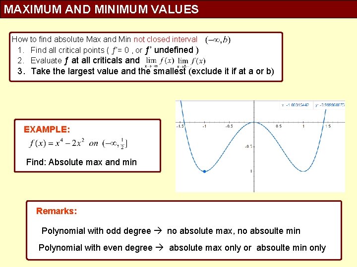 MAXIMUM AND MINIMUM VALUES How to find absolute Max and Min not closed interval MAXIMUM AND MINIMUM VALUES How to find absolute Max and Min not closed interval