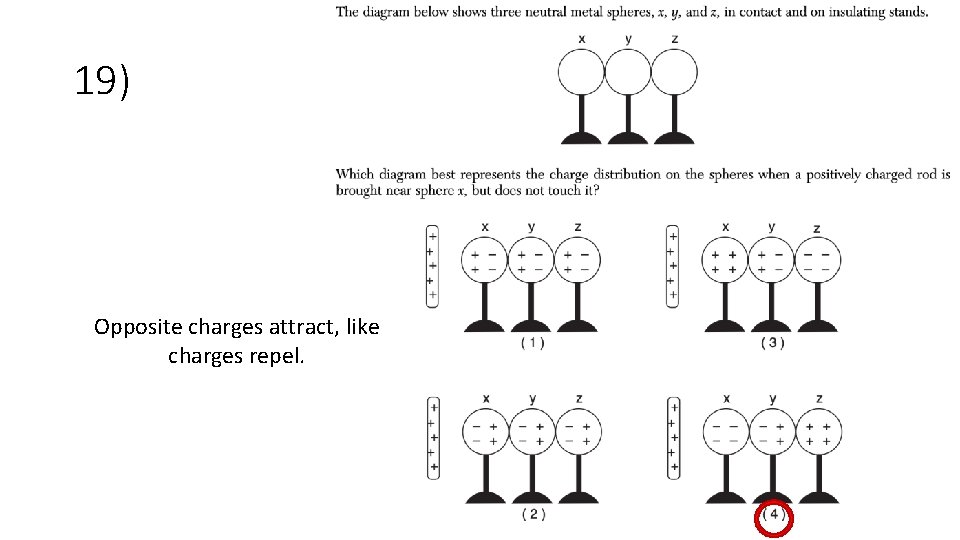 19) Opposite charges attract, like charges repel. 