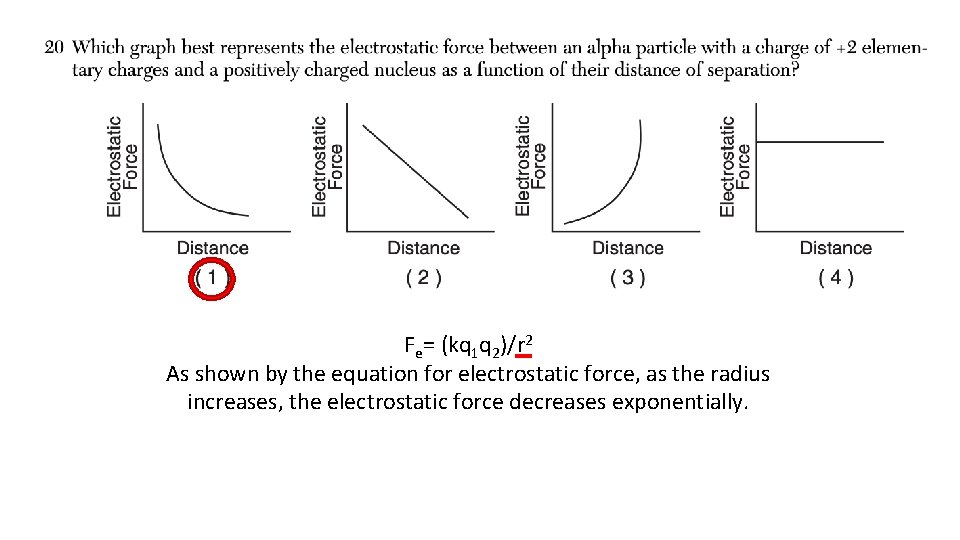 20) Fe= (kq 1 q 2)/r 2 As shown by the equation for electrostatic