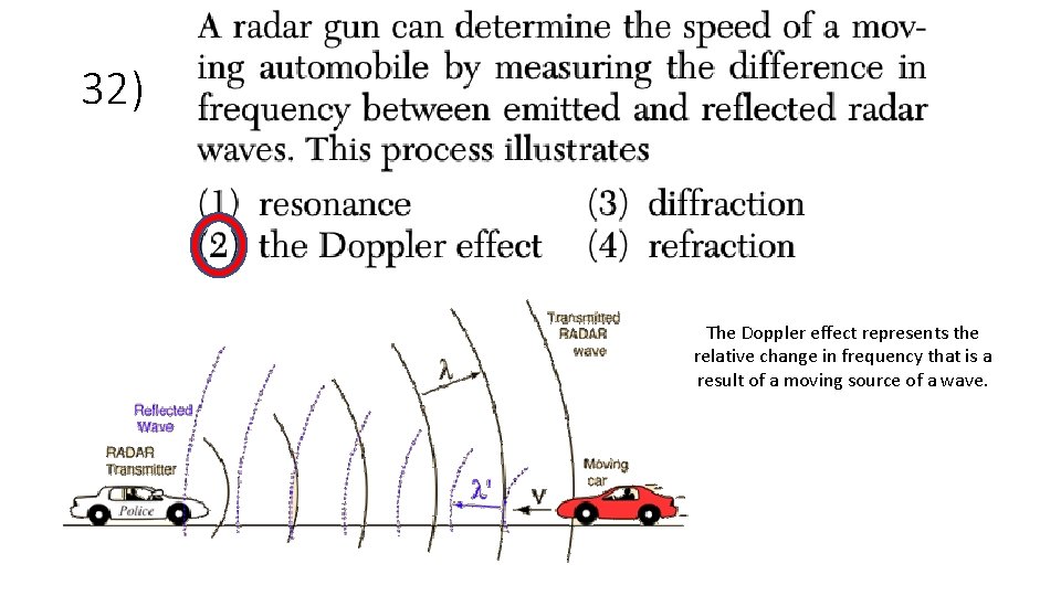 32) The Doppler effect represents the relative change in frequency that is a result