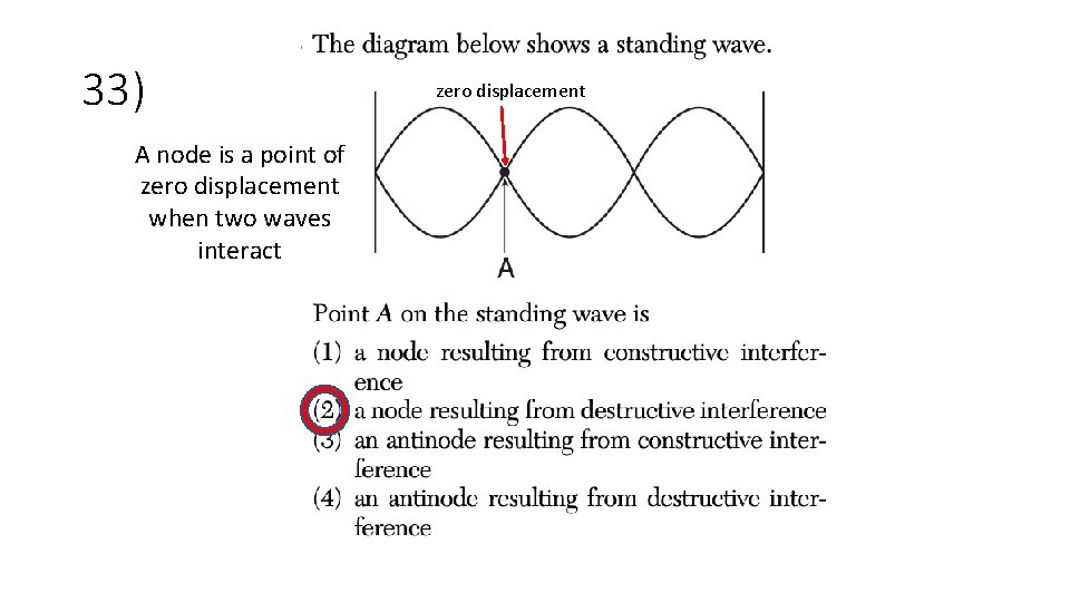 33) A node is a point of zero displacement when two waves interact zero