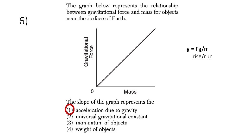 6) g = Fg/m rise/run 