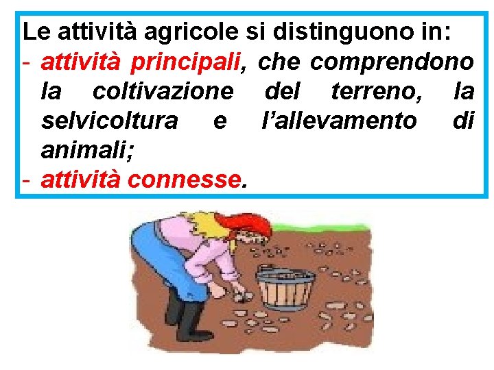 Le attività agricole si distinguono in: - attività principali, che comprendono la coltivazione del